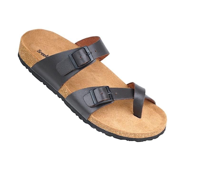 Brown sandal with black straps on a white background