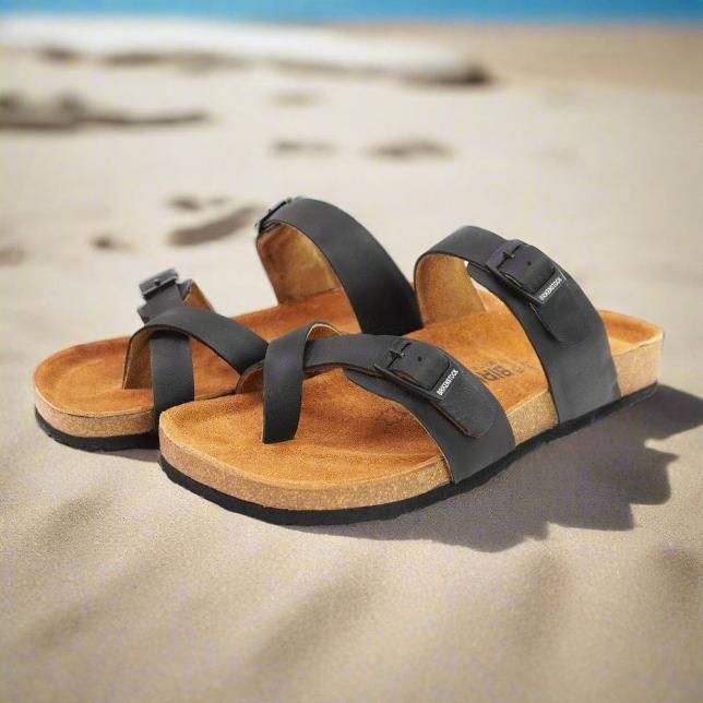 Pair of sandals on a sandy beach