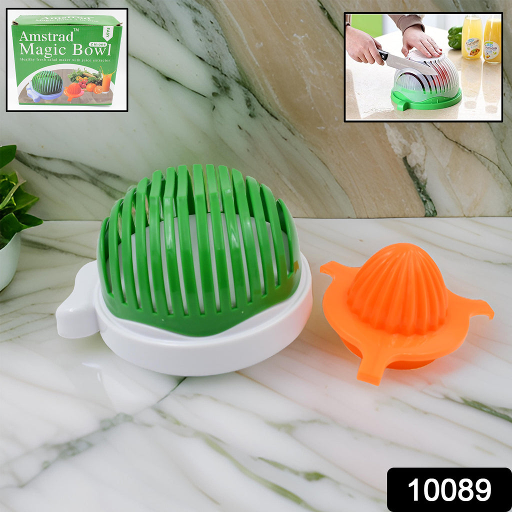 Person quickly preparing fresh salad with 2-in-1 salad cutter bowl and lemon squeezer.