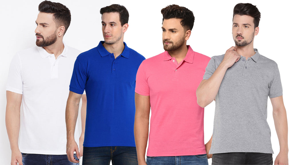 Pack of 4 men's cotton blend solid half sleeve polo neck t-shirts in blue, navy, grey, and white.