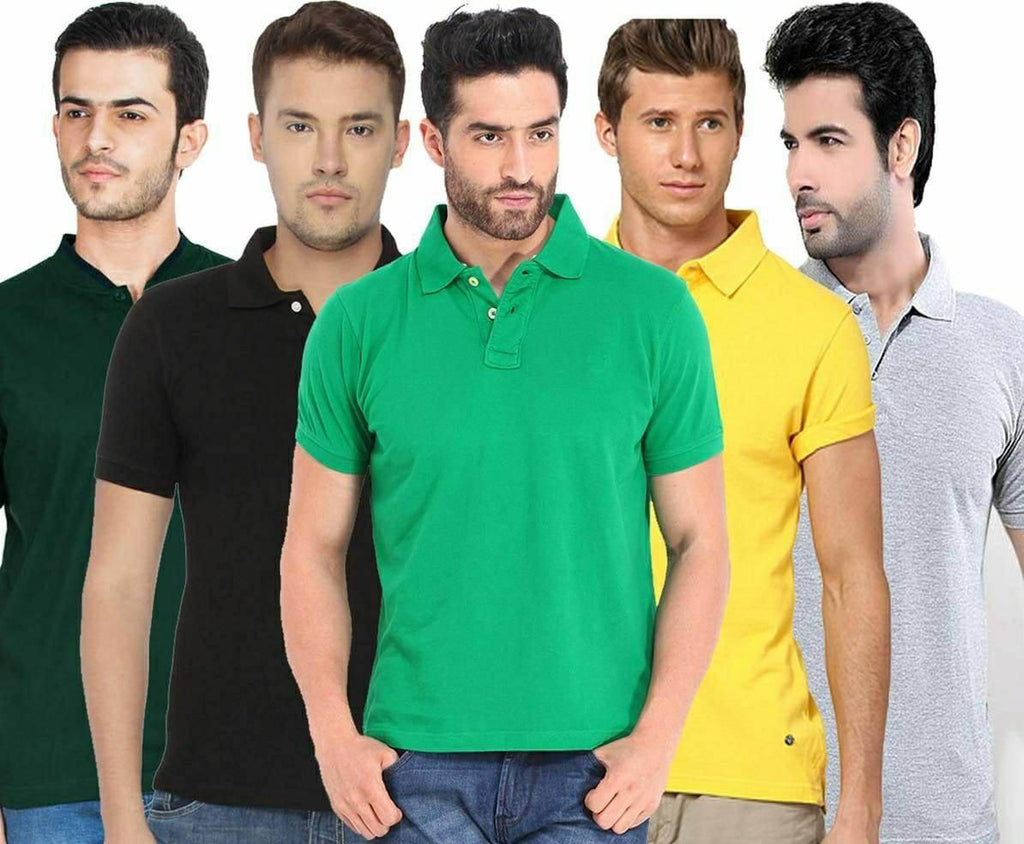 Pack of 5 folded poly cotton solid half-sleeve mens polo shirts in assorted colors