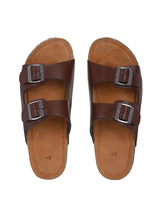 Pair of brown sandals with double buckles on a white background