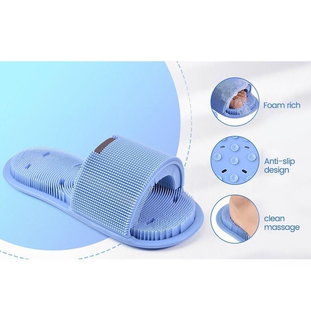 Blue mesh slipper with features highlighted on a white background