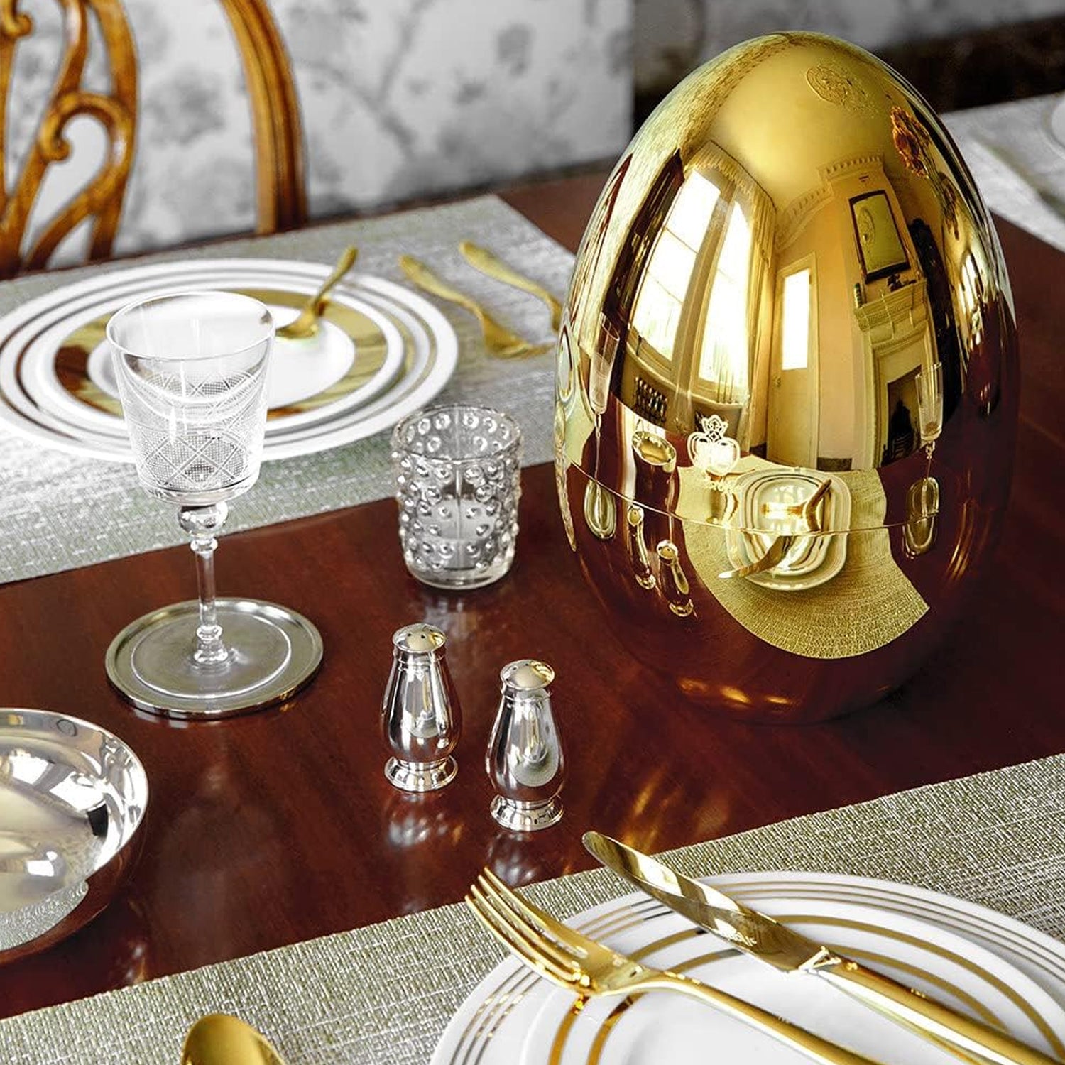 10010 Premium Cutlery Set 24 Pcs With Oval Shaped Stand Beautiful Stylish Oval Designed Cutlery Sets Egg-shaped Luxury Spoon Holder Set (Golden 24 Pcs Set)