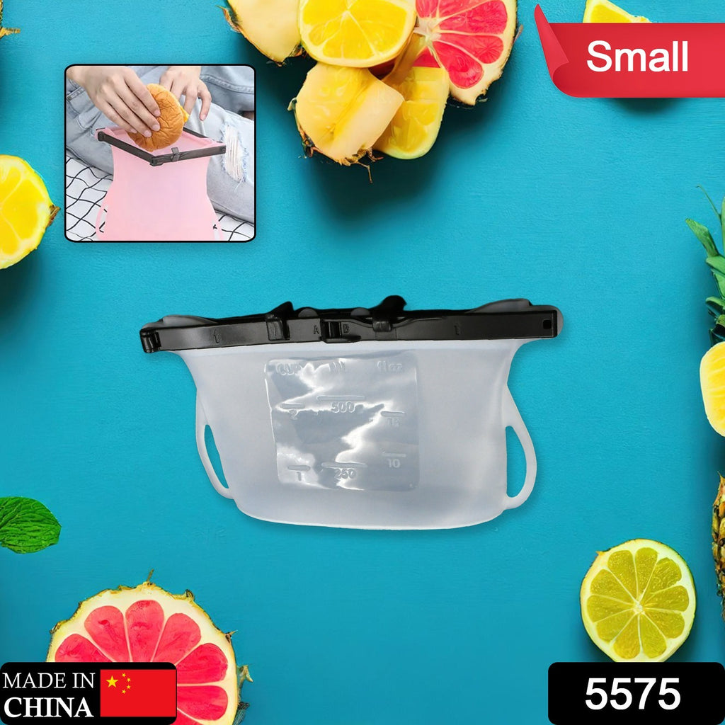 Reusable silicone food storage bag with flat bottom, leakproof, BPA-free, for snacks & sandwiches.