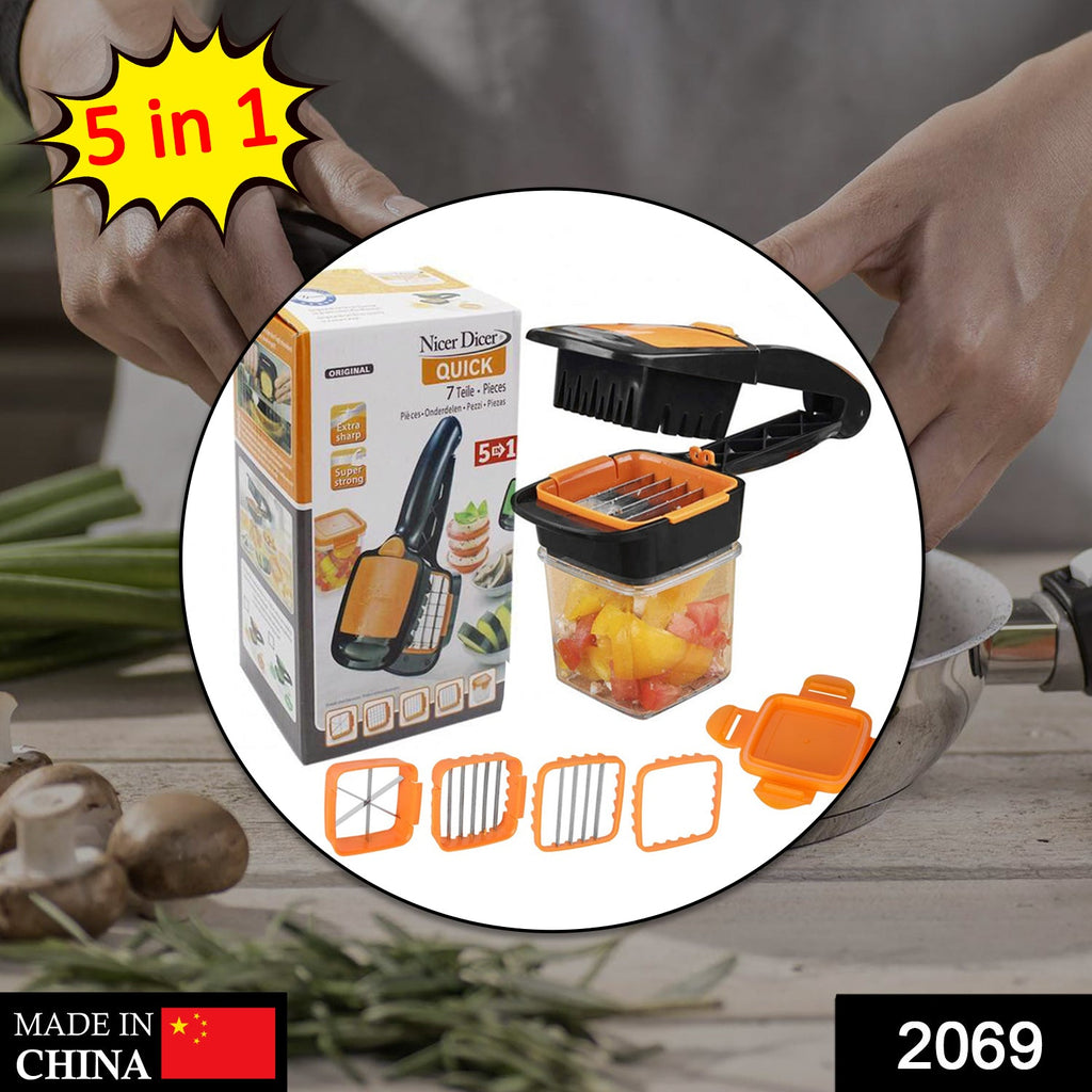 5-in-1 Nicer Dicer kitchen tool, cutting and shredding various vegetables and food for easy meal prep.