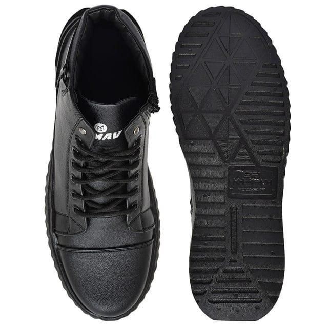 Black leather shoe with brand logo on a white background