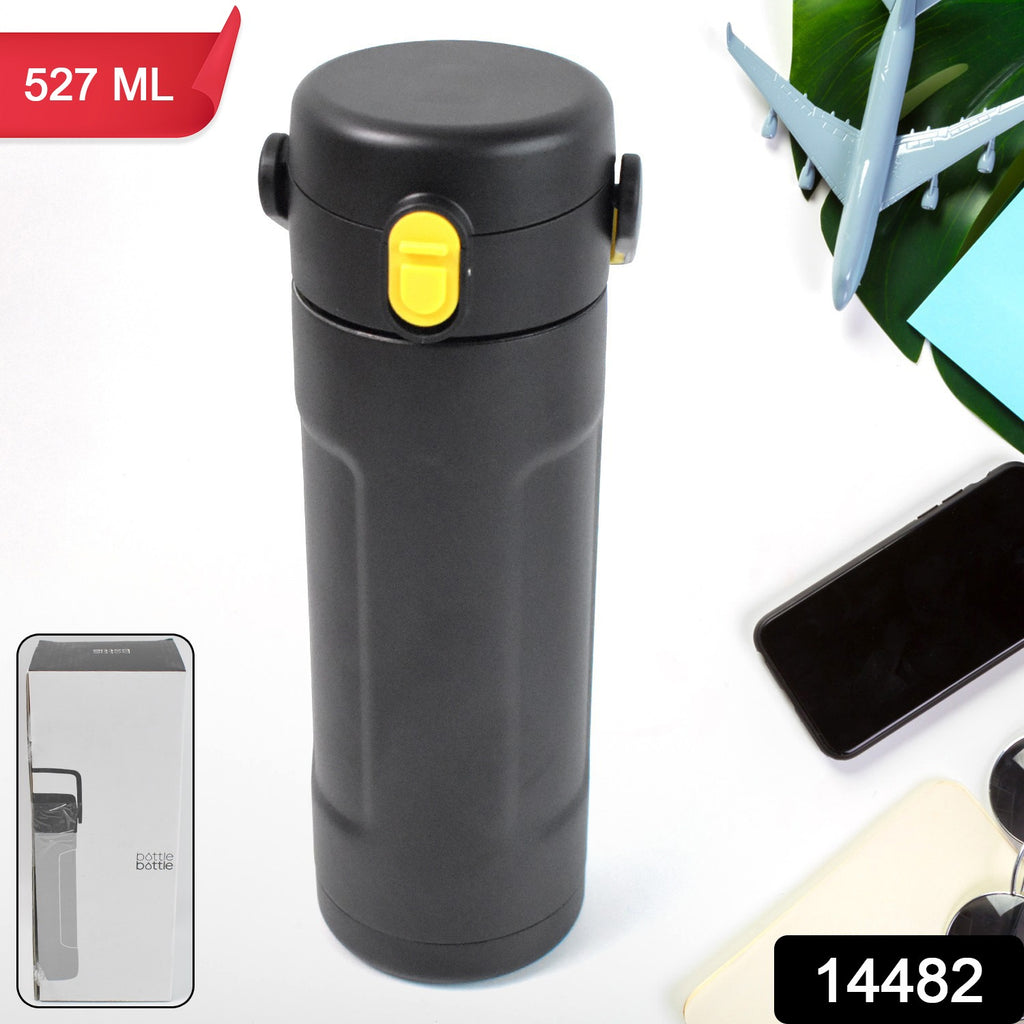 Silver insulated water bottle, BPA-free, perfect for hot and cold drinks.