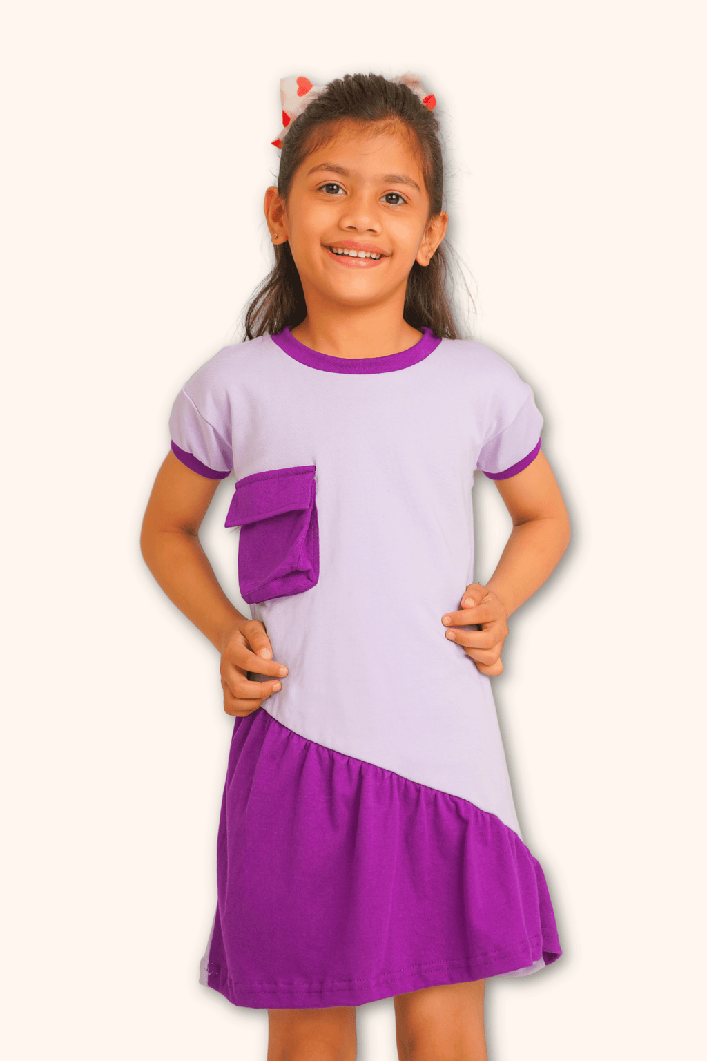 Girls lavender 100% cotton knit dress with textured 3D pocket