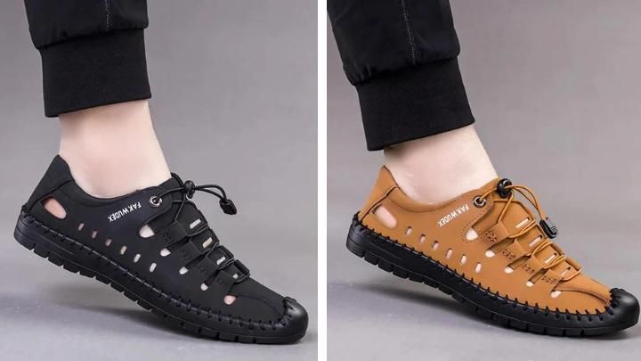 Black and brown sandals worn by a person on a gray background