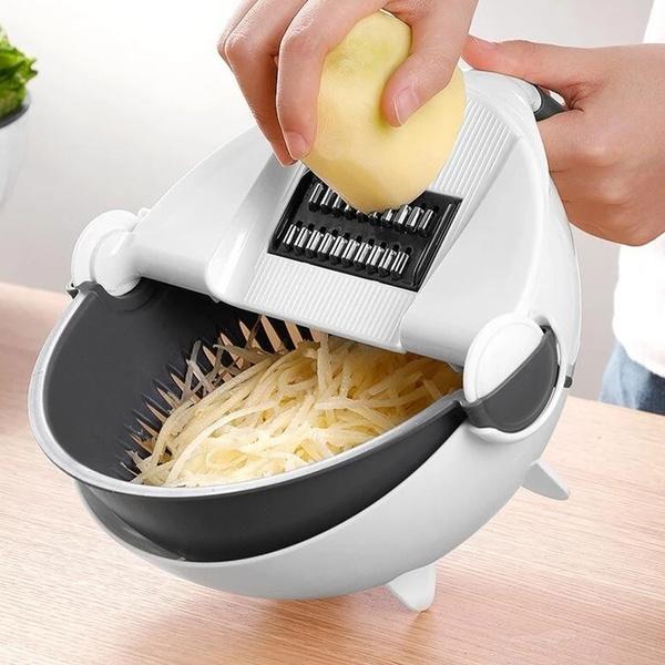 10-in-1 multifunctional vegetable fruit cutter slicing cabbage into a drain basket