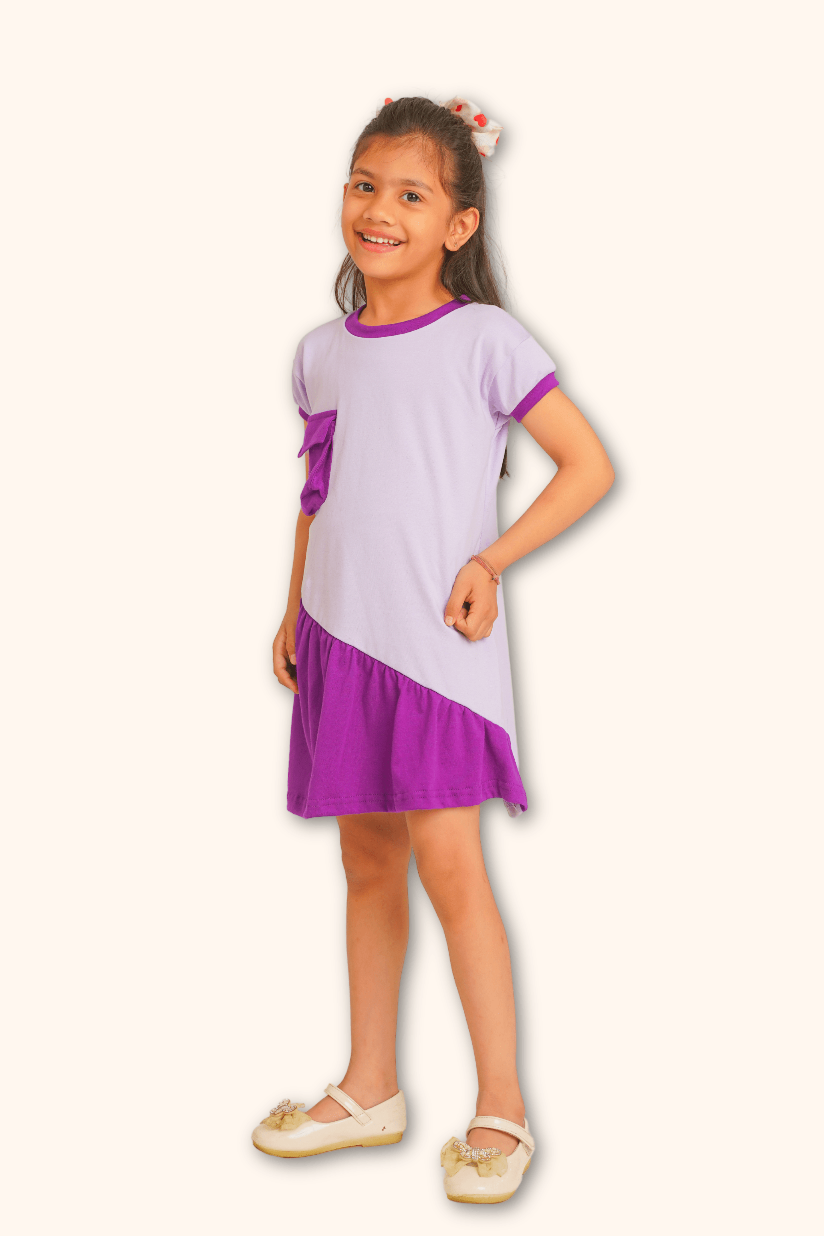 Lavender Purple Cotton Dress with 3D Pocket for Kids