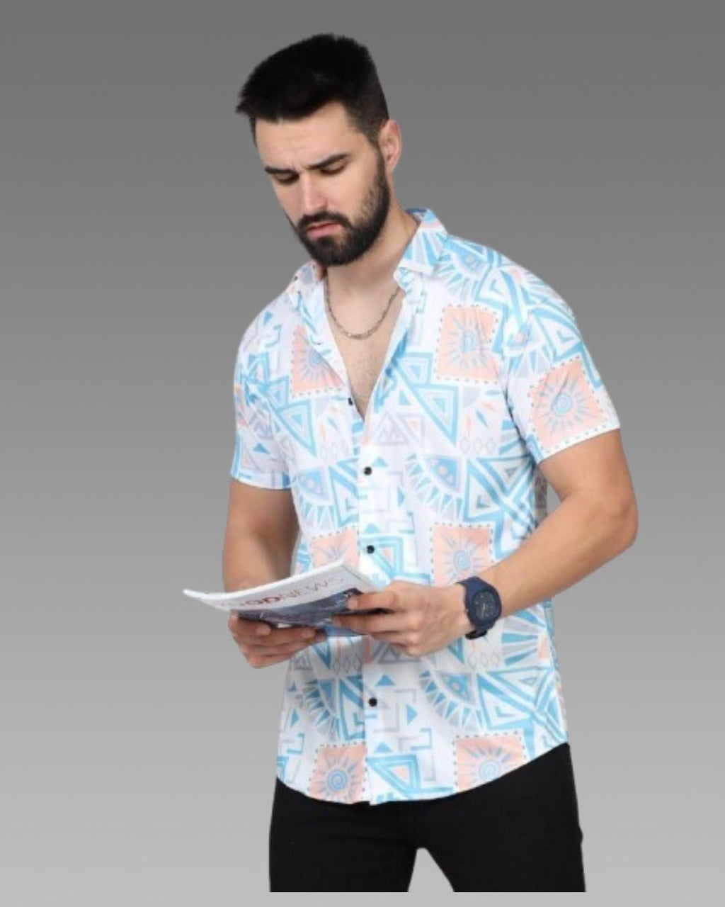 Men's casual blue printed rayon half sleeves shirt