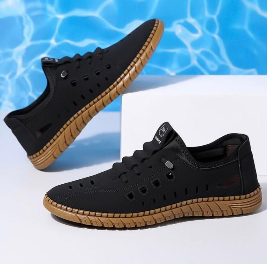 Men's stylish dark grey laser cut casual shoes with white sole