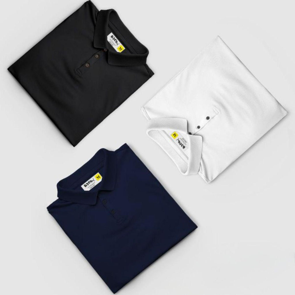 Pack of 3 poly cotton solid half sleeves mens polo t-shirts, folded