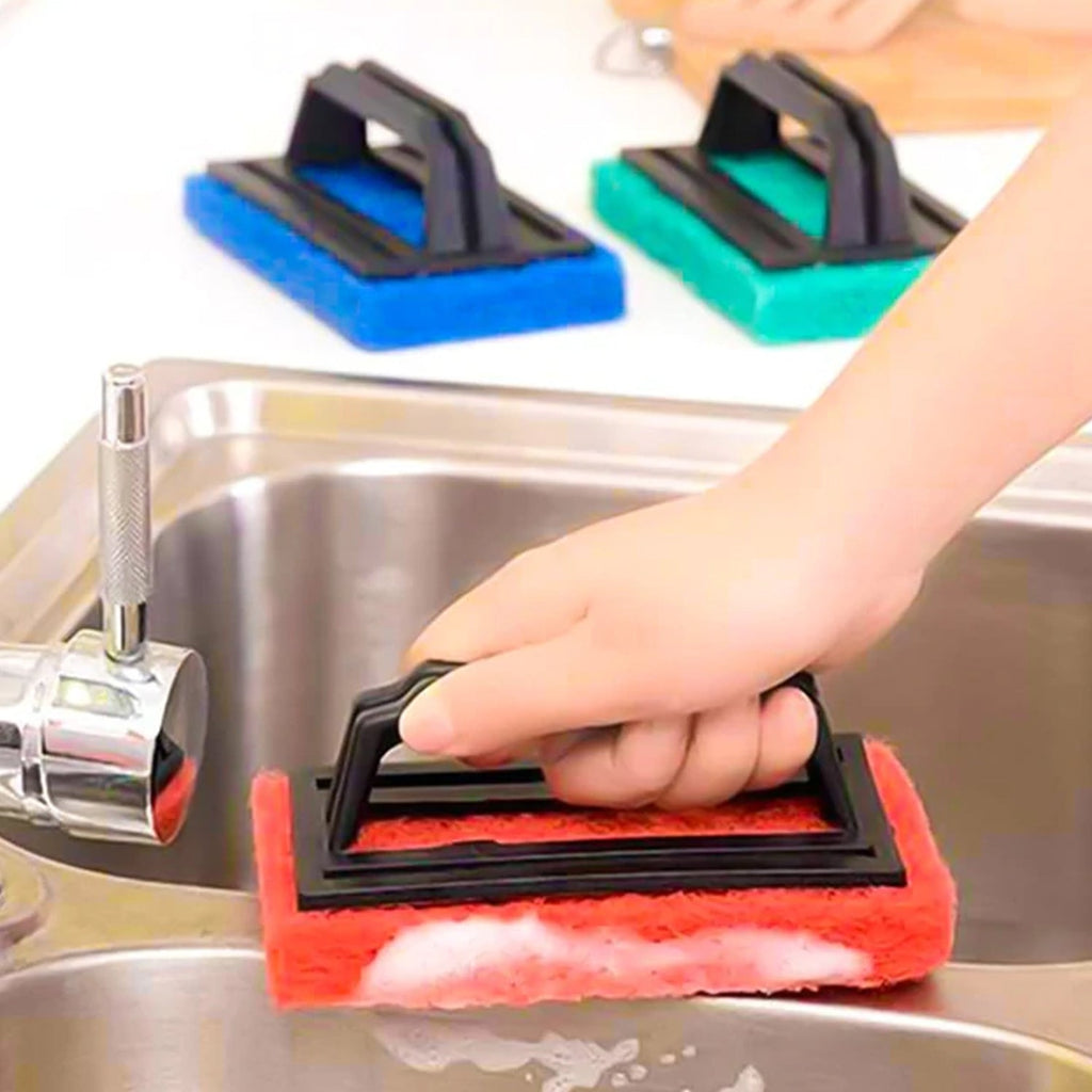Close-up of the ergonomic blue plastic handle with textured grip