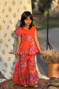 Exclusive Georgette Girls Imarti Color Block Peplum Top and Sharara Set with Whimsical Pom Pom Lace