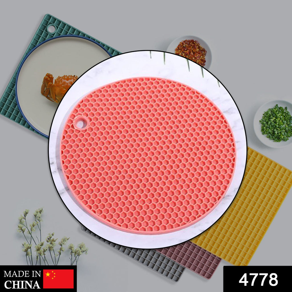 Blue round silicone hot mat for versatile breakfast, lunch & dinner use.