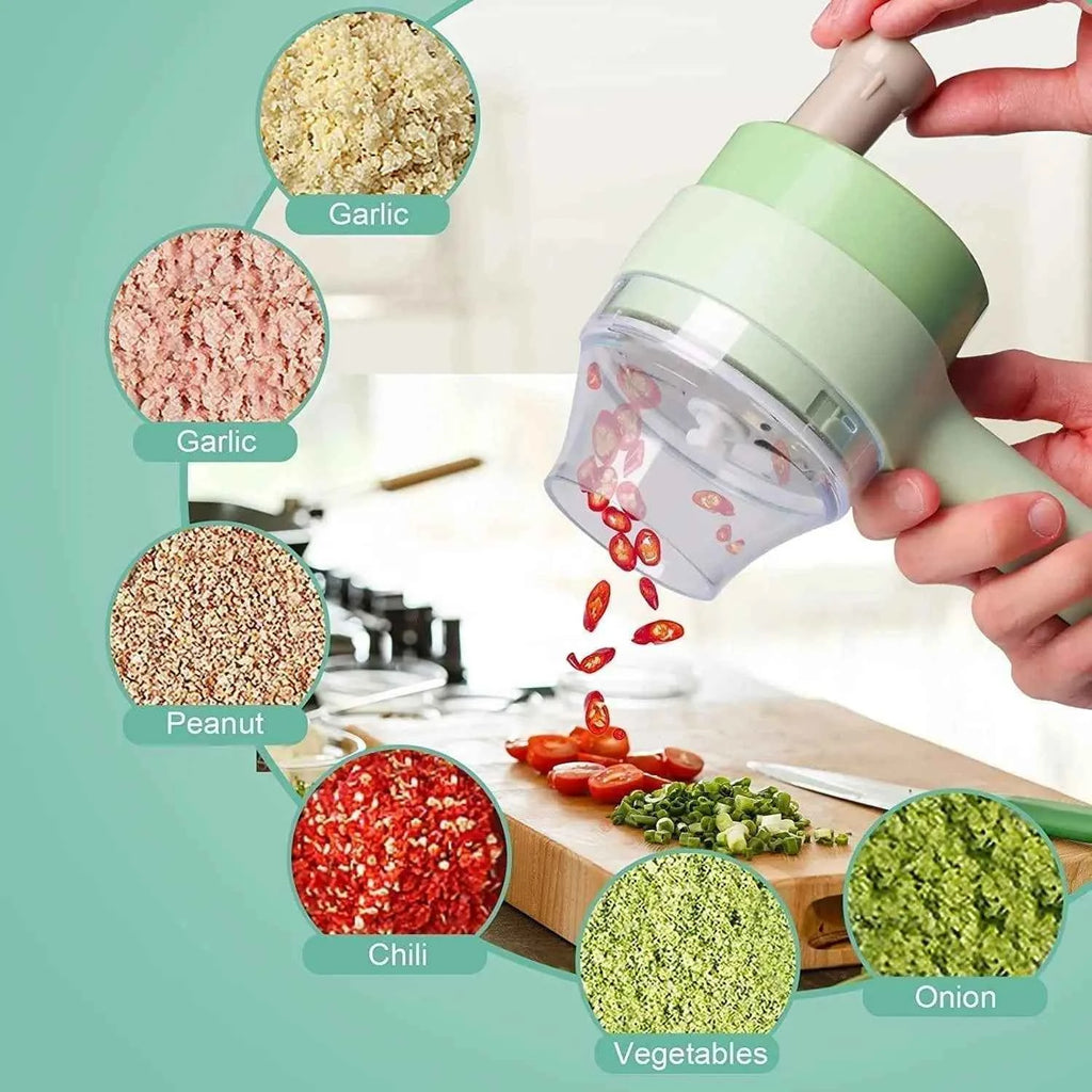 Electric handheld 4-in-1 vegetable cutter, food chopper, fruit slicer & cooking hammer set.