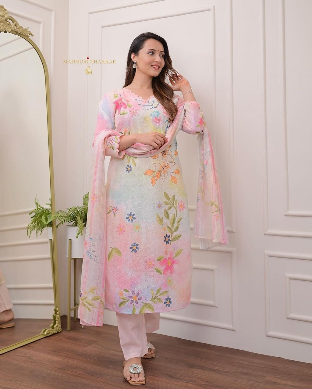 New Schiffli Linen Suit Set with Hand Embroidery - Peach & Pastel