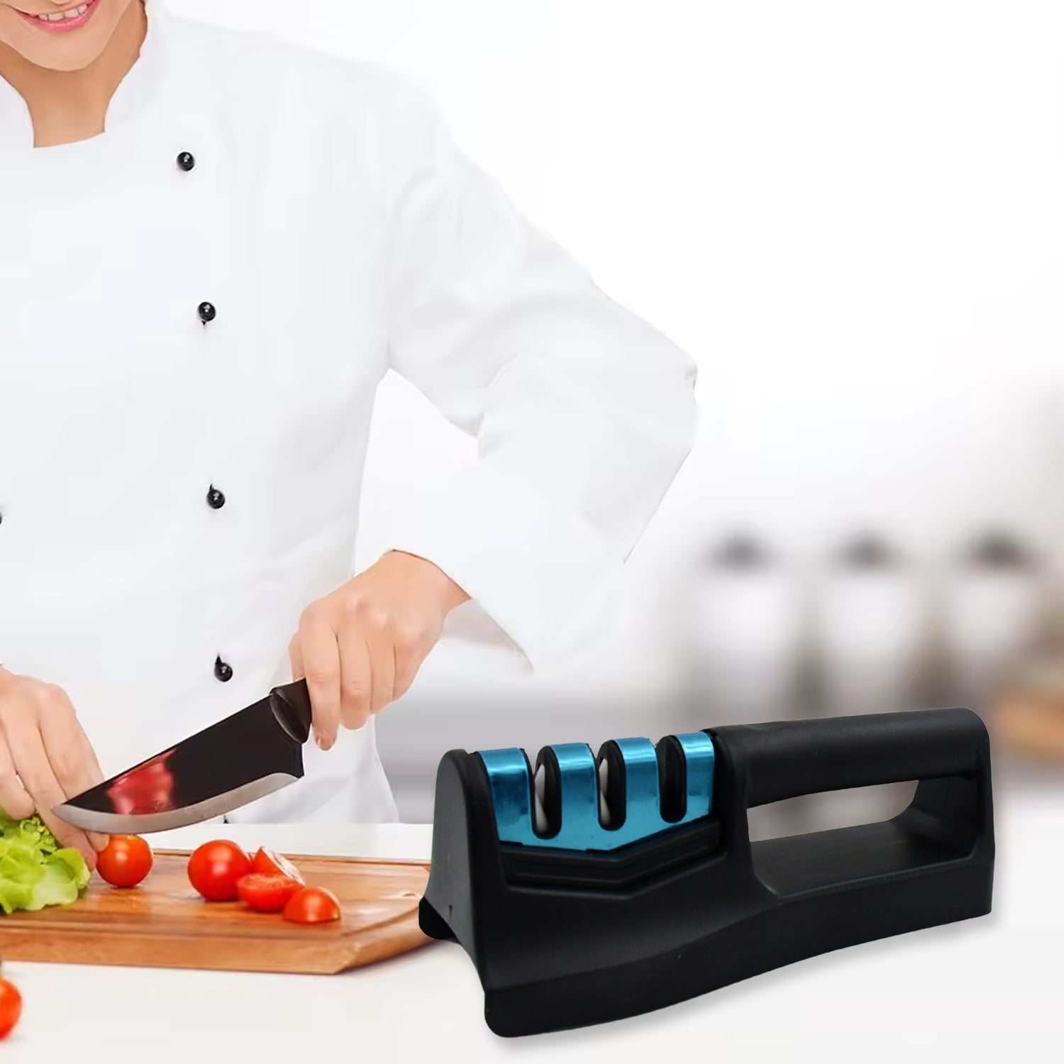 Handheld 9-in-1 kitchen knife sharpener with vegetable chopper and fish scale remover.