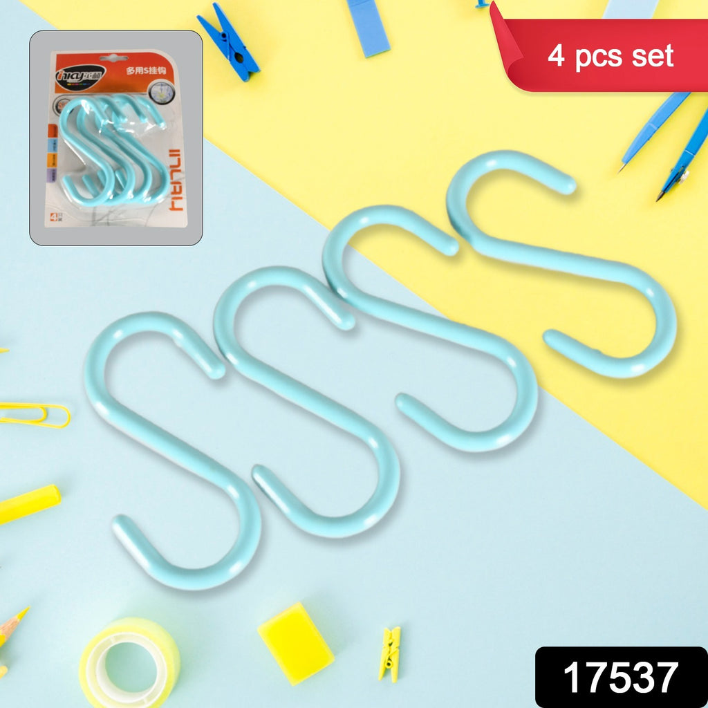 4 Pcs white plastic S-shaped hooks hanging pot & towel, ideal for kitchen, bathroom, office.
