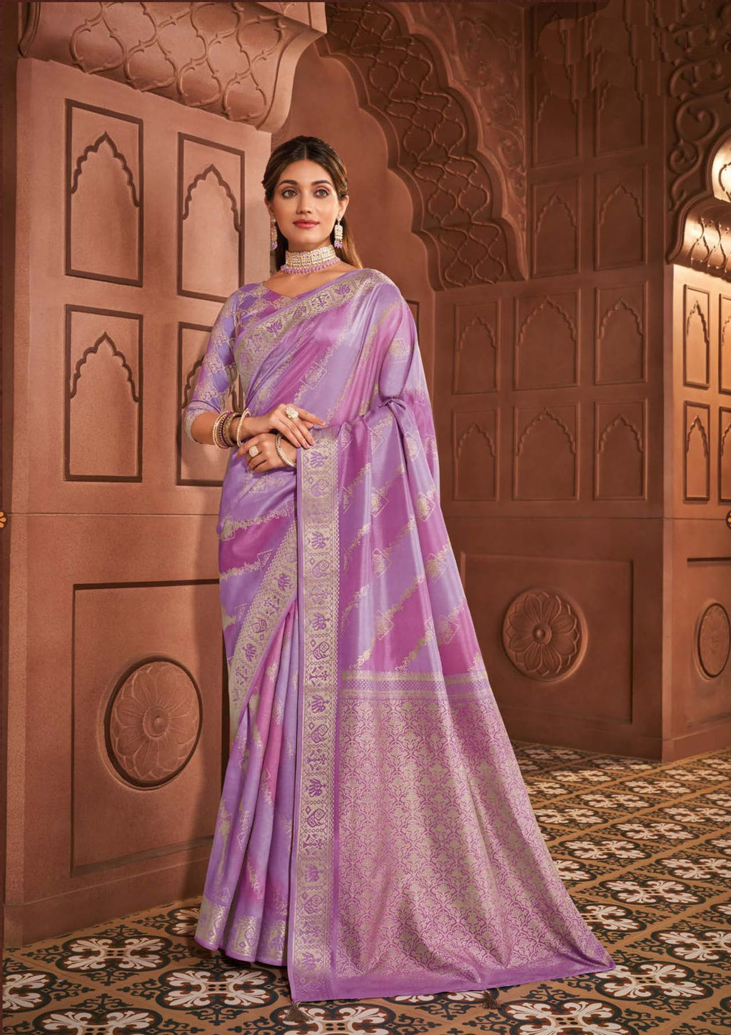 Party wear purple soft silk saree with intricate zari print