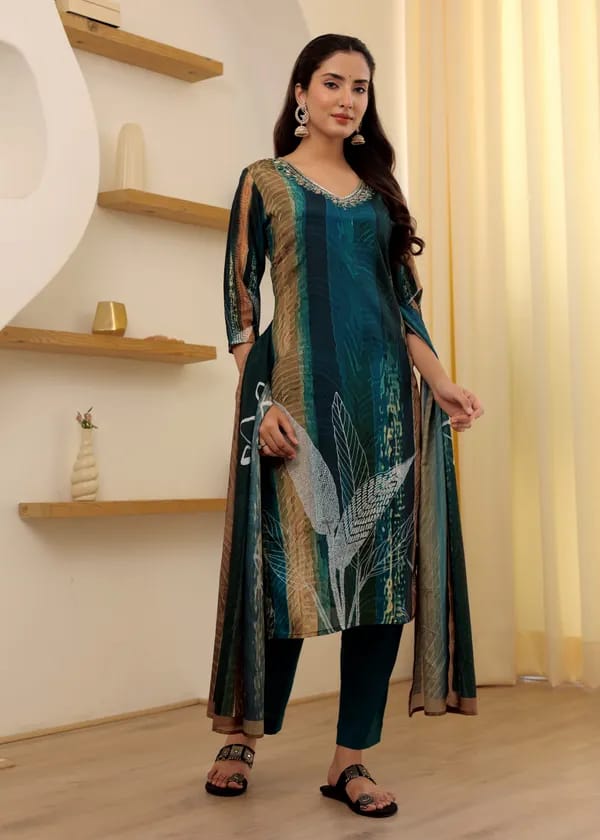 Soft Rayon Slub Embroidered Kurti & Bottom Set with Chanderi Dupatta