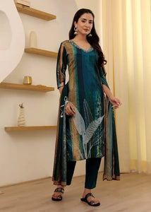Soft Rayon Slub Embroidered Kurti & Bottom Set with Chanderi Dupatta