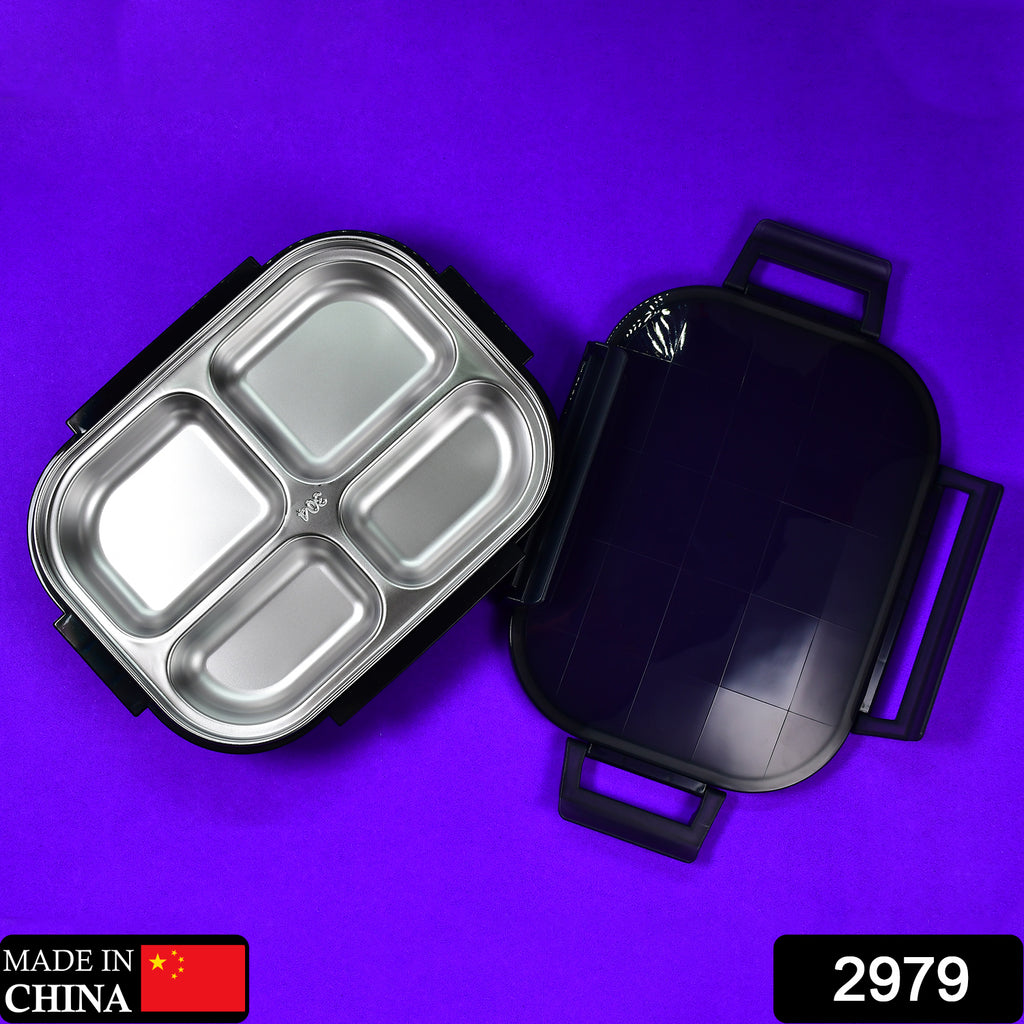 Black transparent 4-compartment stainless steel lunch box for kids & adults with cutlery.