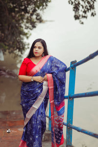 Navy Blue Silk Saree with Red Border | TRENDBUY