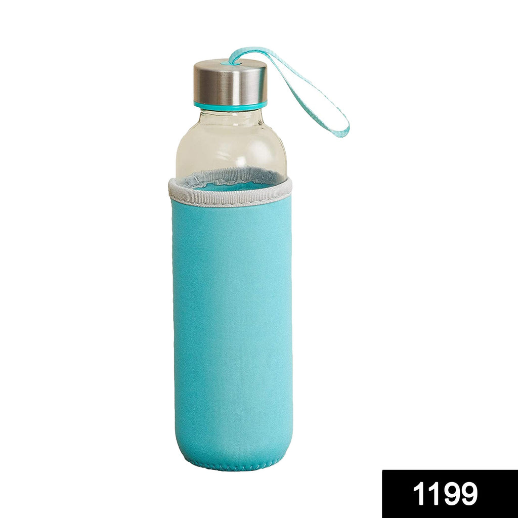 Clear 500ml glass water bottle with a protective beige fabric sleeve on a light surface