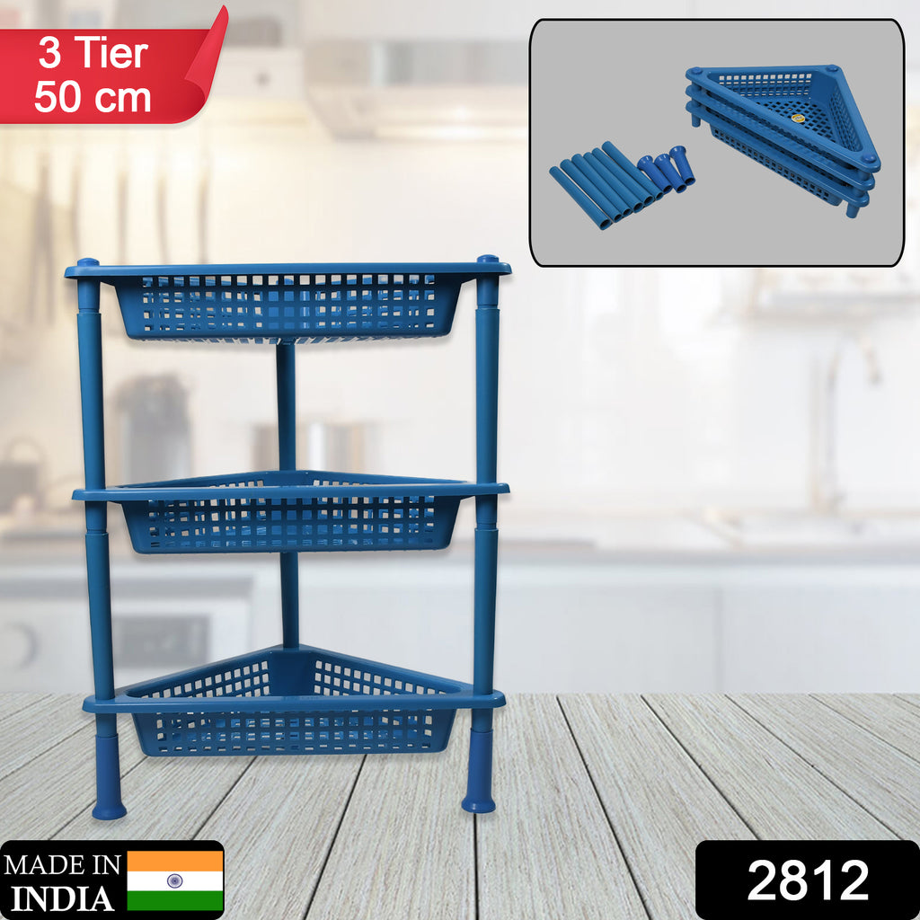 White plastic 3-tier triangle corner storage rack shelf for kitchen, bathroom, office.