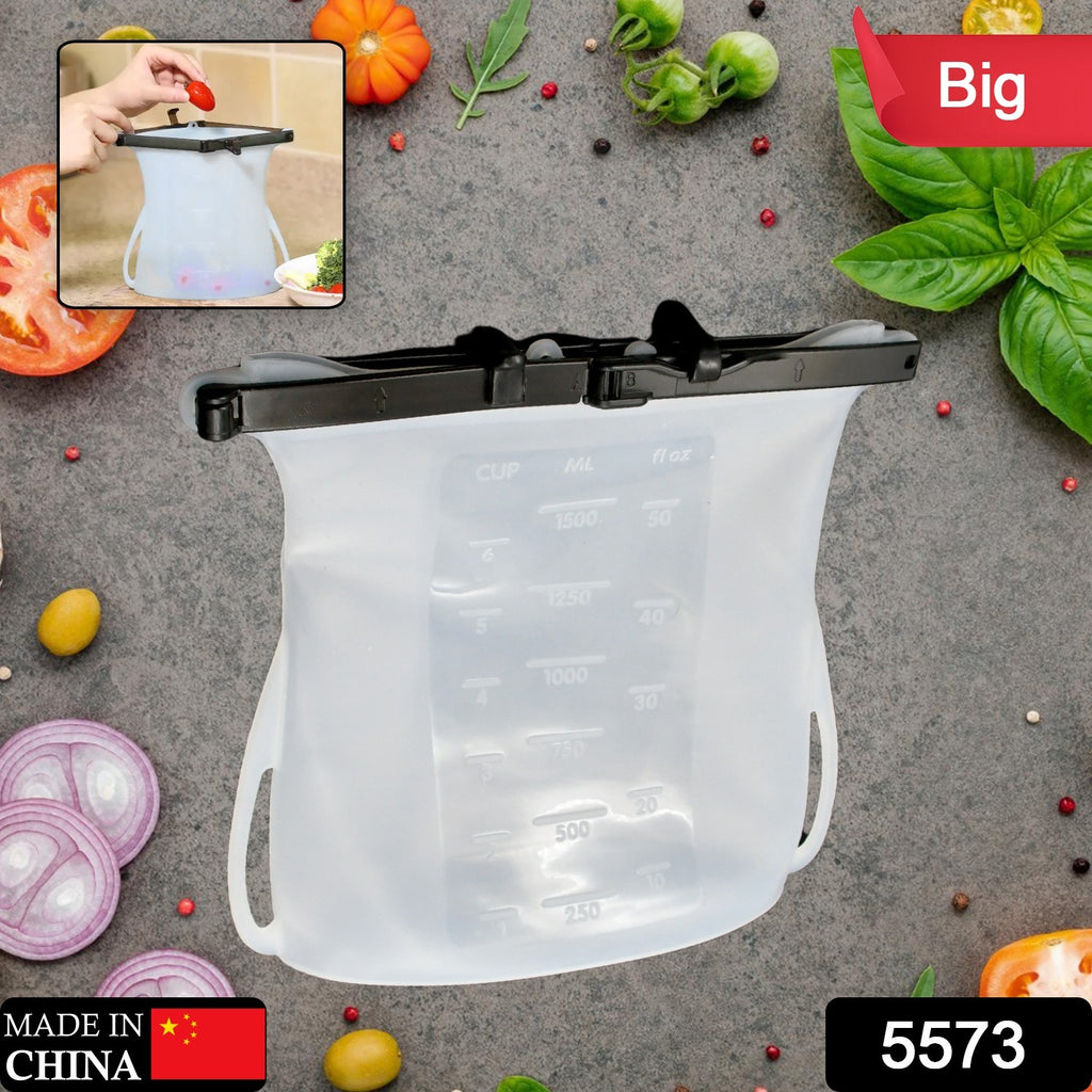 Reusable silicone food storage bag with leakproof lock and flat bottom, filled with fresh vegetables.