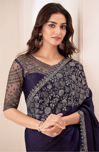 Premium Navy Blue Satin Chiffon Partywear Saree with Embroidered Designer Blouse