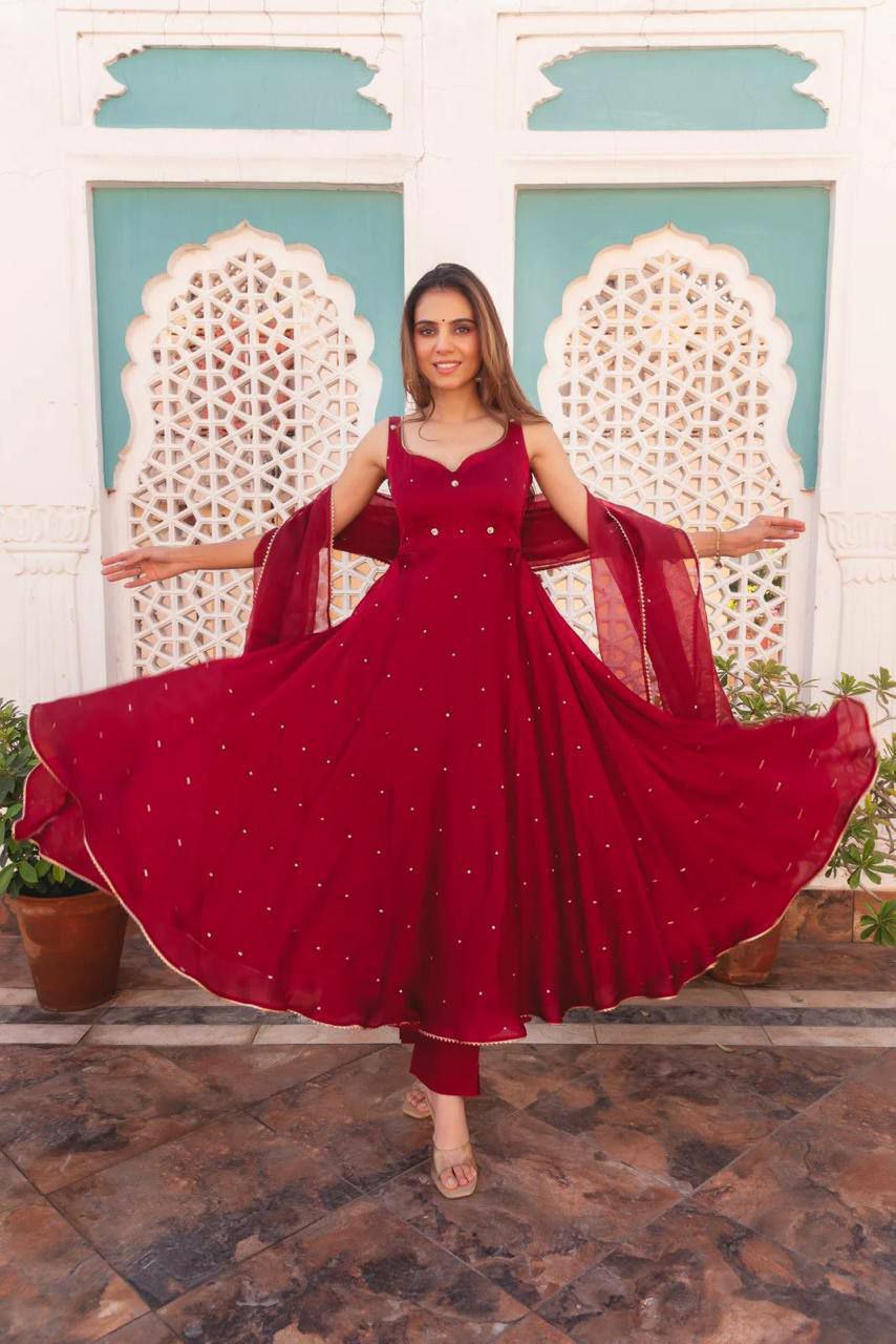 Floral Grorgett Anarkali with Neckline Embroidery & Lace Dupatta