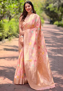 BabyPink Organza Floral Zari Woven Saree | TRENDBUY