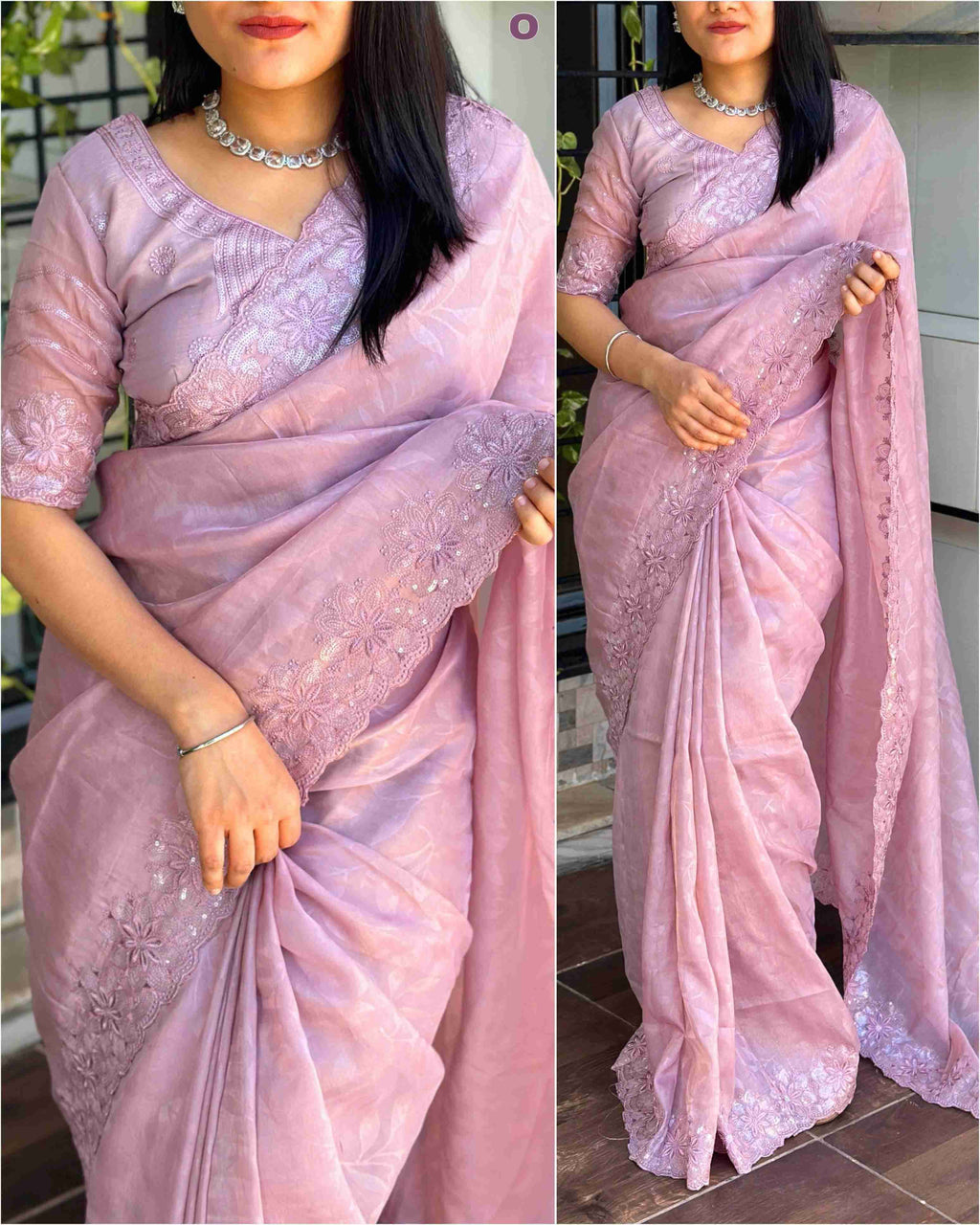Baby pink sequin cutwork saree made from self emboss Rangeen silk.