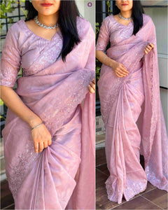 Baby Pink Sequin Cutwork Saree Self Emboss Rangeen Silk | TRENDBUY