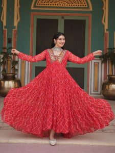 Bandhani Print Gown with Kutchi Patchwork | Faux Georgette Festive Wear