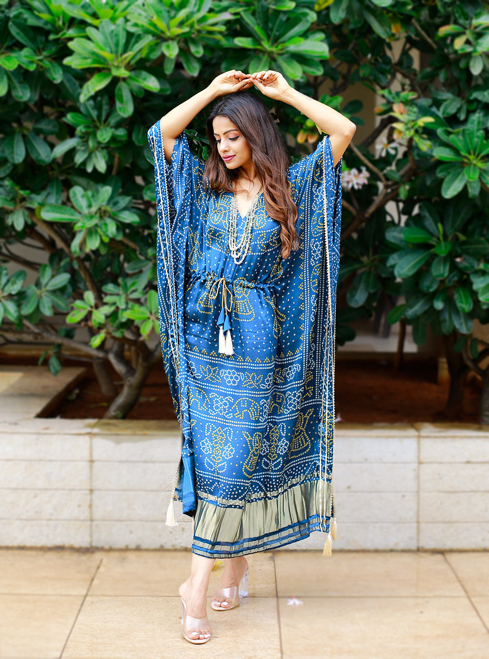 Model in a blue Bandhani style Pure Gajji Silk Kaftan