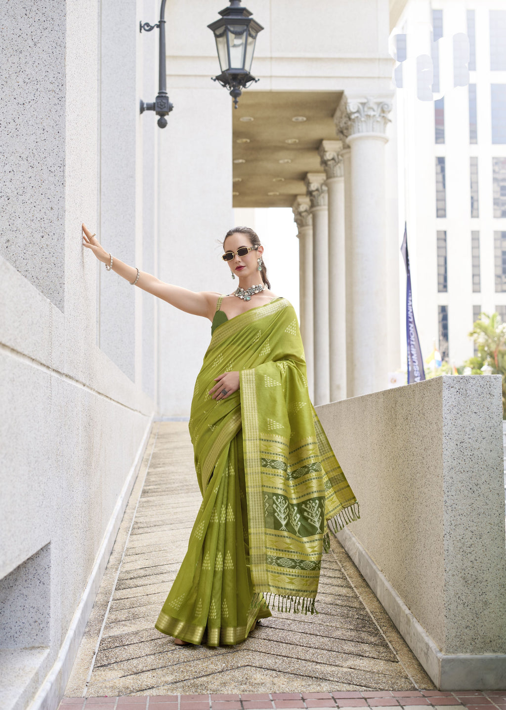 Beautiful Border Rayon Silk Ikkat Design Green Saree