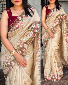 Beige Partywear Embroidery Cutwork Saree | TRENDBUY