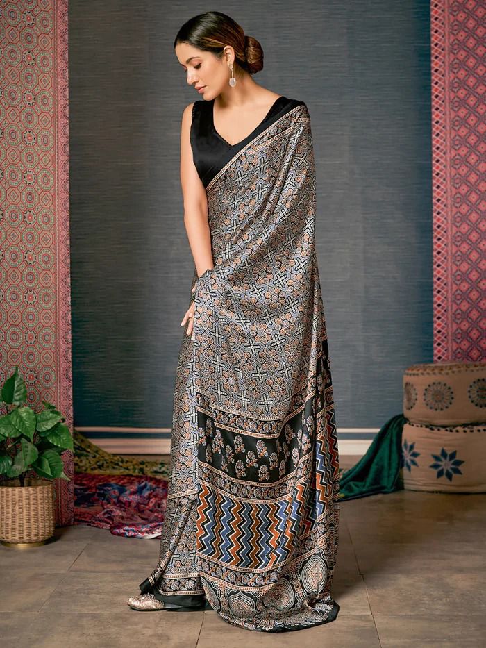 Black Ajrakh Print Saree with traditional geometric patterns