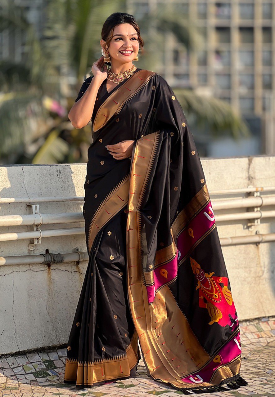 Elegant Black Balaji Print Silk Paithani saree