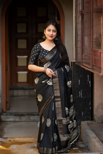 Black Batik Printed Cotton Sari | TRENDBUY