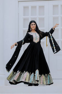 Premium Black Chinon Silk Embroidered Gown with Heavy Sequence Work