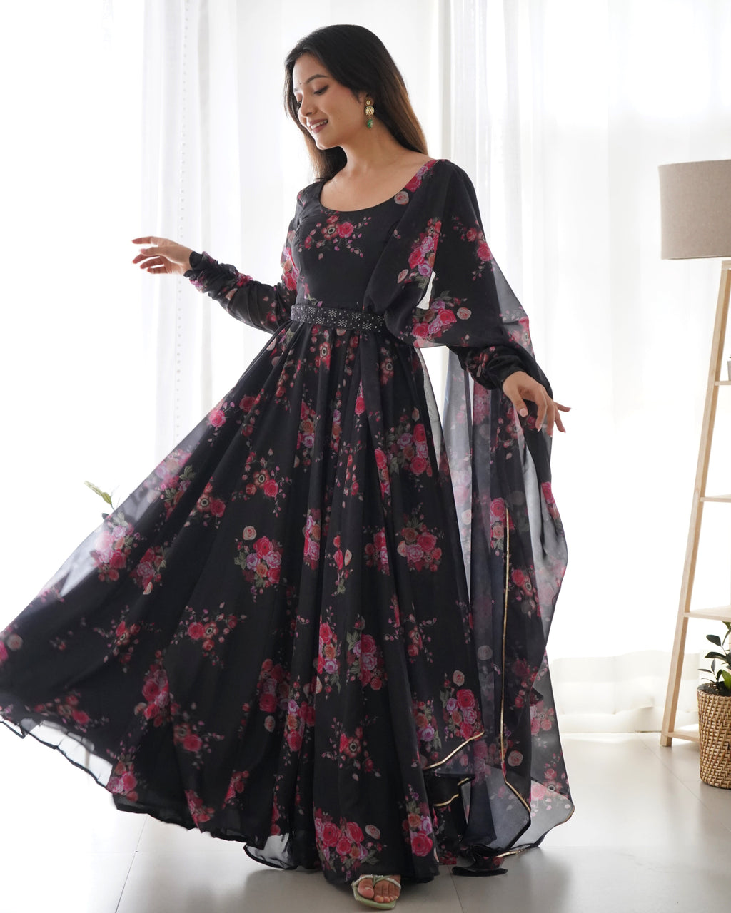 Black floral Anarkali gown with a matching belt