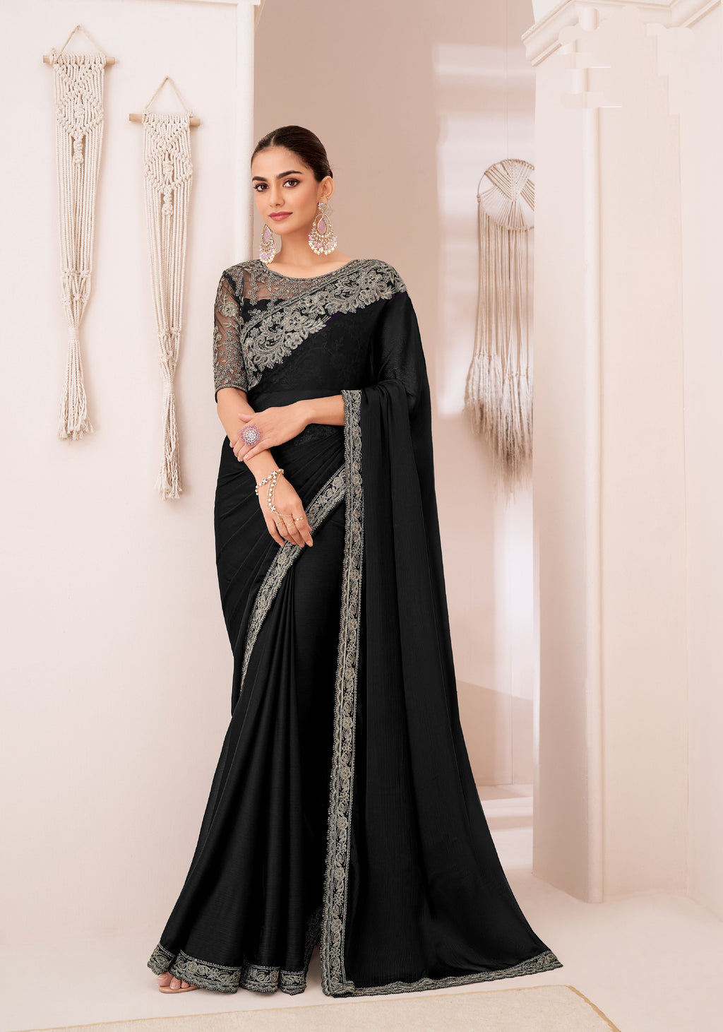 Black Georgette Chiffon Silk Saree with embroidered blouse