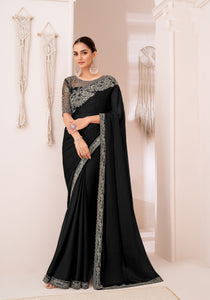 Black Georgette Chiffon Silk Saree With Embroidered Blouse | TRENDBUY